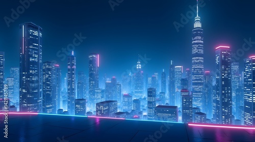 Futuristic city skyline at night with vibrant neon lights. Modern architecture, urban landscape. Best for tech, sci-fi, and futuristic themes.