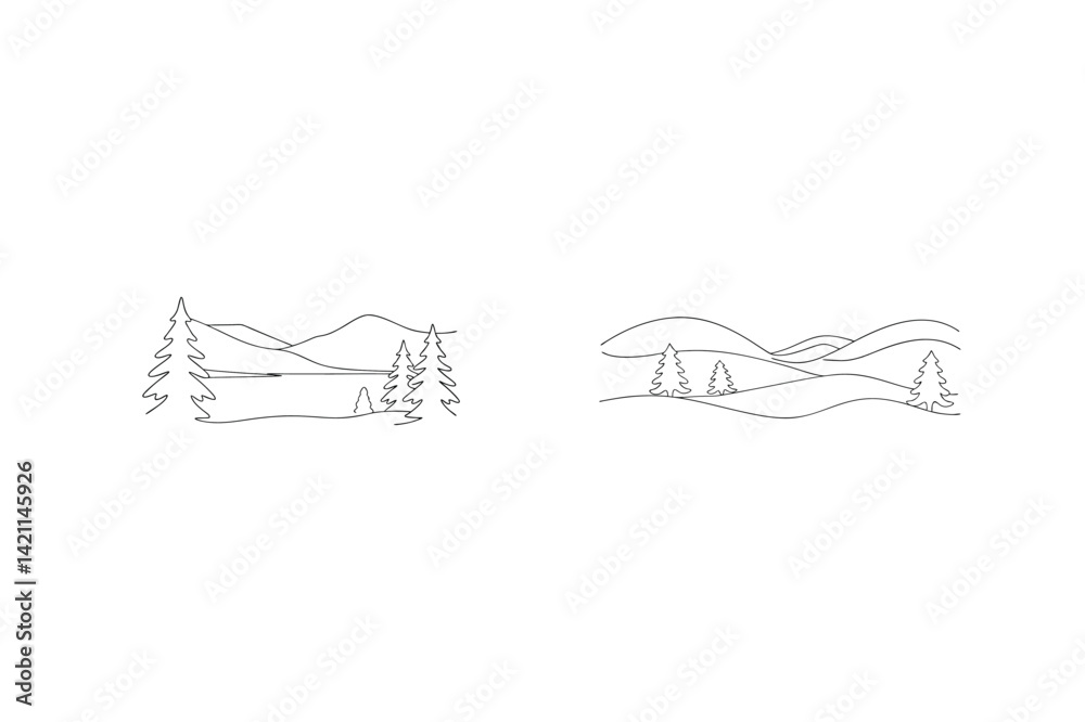 Minimalist Mountain Landscape Illustration With Trees And Lake Scene Set