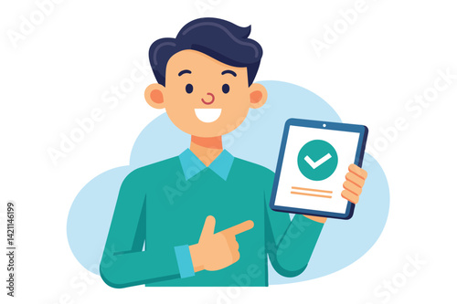 An illustration of a cheerful cartoon character showcasing a tablet with a check mark. Emphasizes positivity, technology, and success in a playful style.