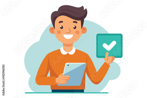 Illustration of a cheerful cartoon character holding a tablet and a checkmark sign, symbolizing success and digital approval.