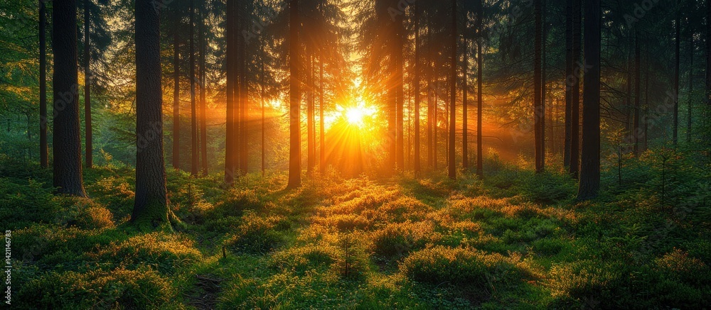 Obraz premium Golden Sunlight Pierces Forest Canopy