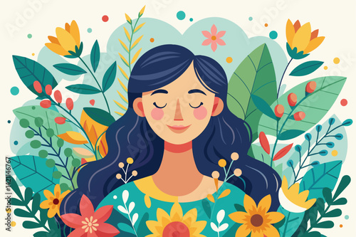 Illustration of a serene woman with closed eyes, surrounded by colorful flowers and lush leaves, depicting tranquility and nature's beauty.