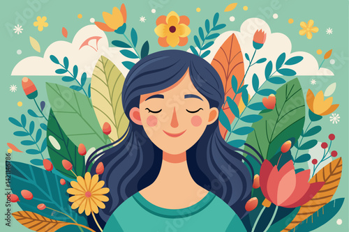 Illustration of a serene woman with closed eyes, enveloped by lush foliage and colorful flowers, representing peace, harmony, and connection with nature.