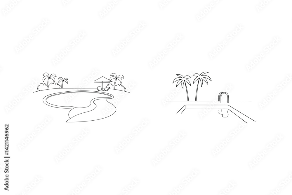Minimalist Outline Illustrations Of Swimming Pools With Palm Trees And Lounge Chair Minimalist Outline Illustrations Of Swimming Pools With Palm Trees And Lounge Chair