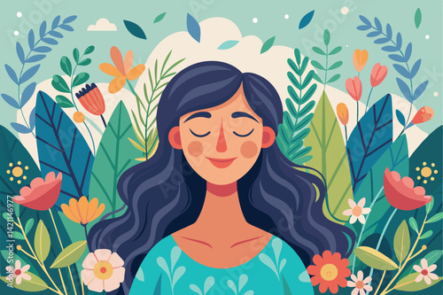A peaceful woman with closed eyes, surrounded by vibrant flowers and leaves. This vector illustration conveys tranquility, nature, and inner peace. Perfect for mindfulness and wellness themes.