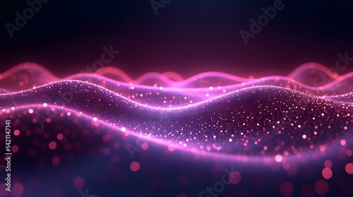 Abstract pink wave of glowing particles on dark background. Futuristic digital design. Best for tech, science, and modern presentations.