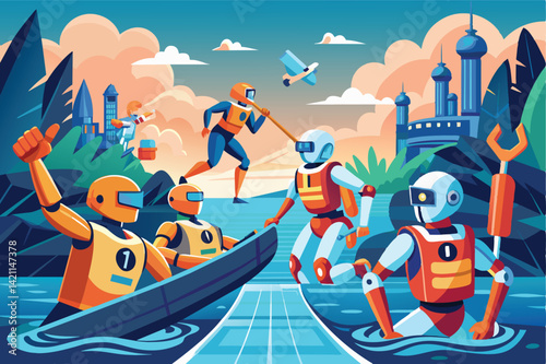 Dynamic illustration of futuristic robots navigating a river and engaging in action. The scene conveys teamwork, innovation, and adventure in a vibrant, futuristic world.