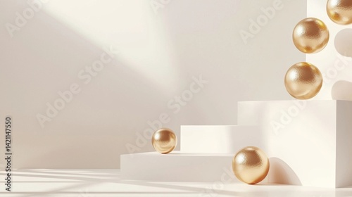 A white background with gold balls on top of a white pedestal