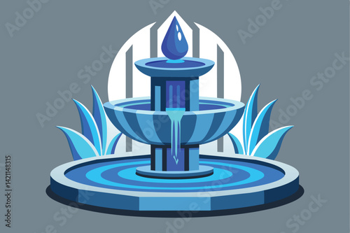 Illustration of a modern blue water fountain with geometric elements, featuring a central droplet. Ideal for themes of tranquility, architecture, and design.