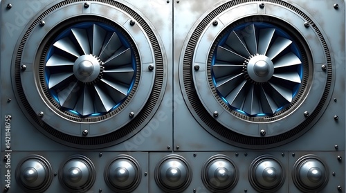 Industrial fans with blue accents. Modern technology, ventilation concept. Ideal for tech, energy, or manufacturing visuals.