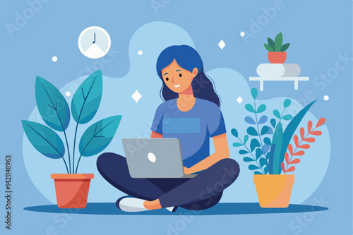 Colorful illustration of a woman working on her laptop surrounded by plants, depicting a peaceful remote work environment.