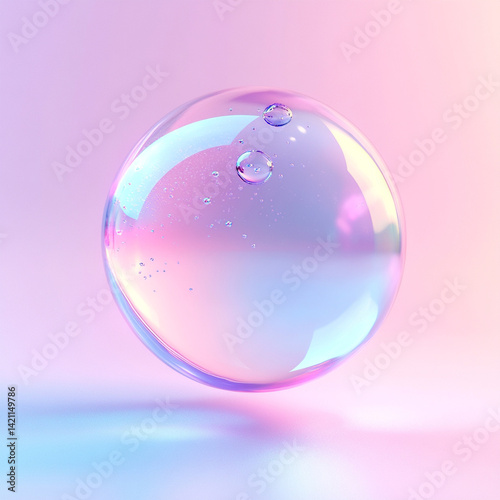 floating crystal sphere with a pink and blue gradient background, a shiny plastic texture, transparent bubbles, pastel colors