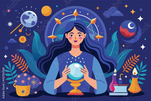 A mystical woman with long hair gazes into a glowing crystal ball surrounded by cosmic and celestial elements, evoking a sense of magic and mystery.