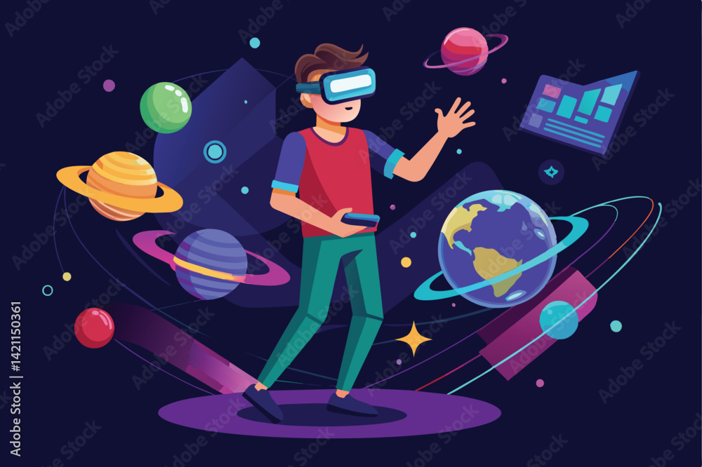 Naklejka premium Illustration of a man using virtual reality goggles to explore a vibrant space filled with planets and stars. Represents futuristic technology and immersive experiences.