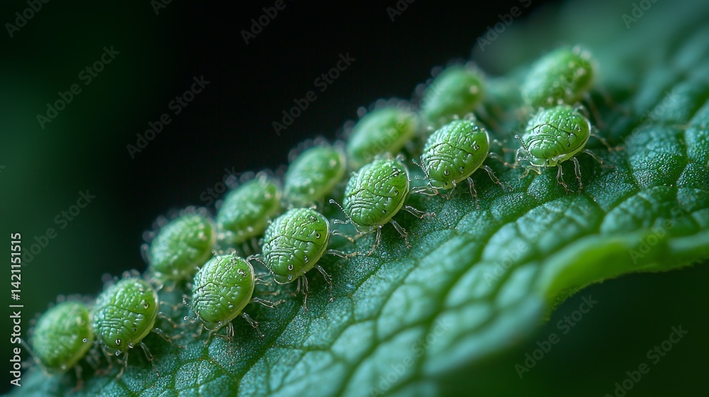 Fototapeta premium A group of green aphids on a green leaf