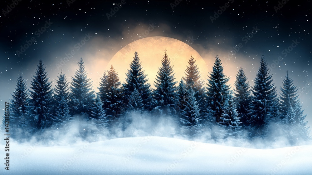Naklejka premium A snowy landscape with trees and a full moon in the background