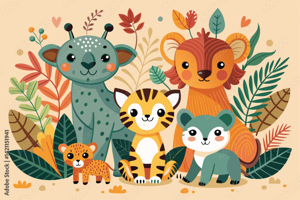 Naklejka premium Illustration of adorable cartoon animals surrounded by vibrant jungle leaves. Perfect for children's media or educational materials focusing on wildlife and nature.