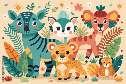 A vibrant cartoon illustration featuring adorable jungle animals surrounded by tropical plants, showcasing a lively and cheerful atmosphere perfect for children's themes.