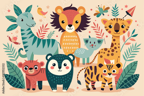 A vibrant illustration of various friendly cartoon safari animals in a lush jungle environment, featuring lively colors and playful characters, perfect for children's themes and educational materials.