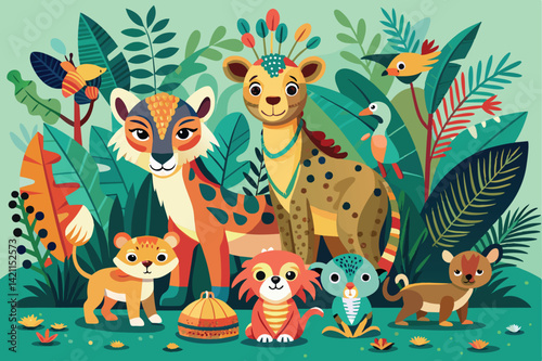 A lively illustration of diverse jungle animals, including big cats and birds, set against lush green foliage. Ideal for children's themes and nature-inspired designs.