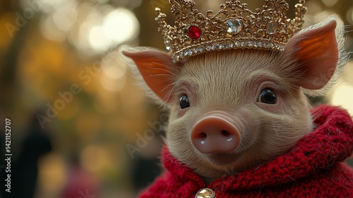 A small pig wearing a red scarf and a gold crown