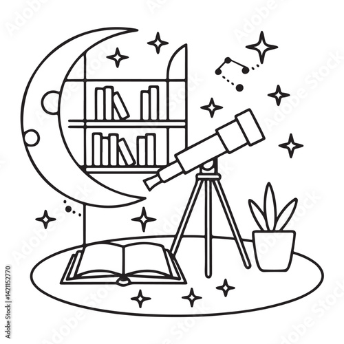 Cozy space coloring pages, bold and easy coloring pages, space coloring page, line art, victor illustration, black & white design, bold & easy coloring book, background