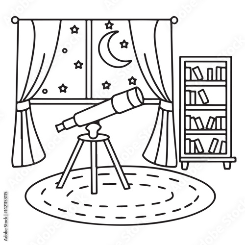 Cozy space coloring pages, bold and easy coloring pages, space coloring page, line art, victor illustration, black & white design, bold & easy coloring book, background