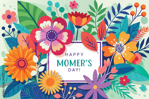 Bright and colorful floral illustration celebrating Mother's Day with a cheerful display of various flowers and leaves surrounding festive text.