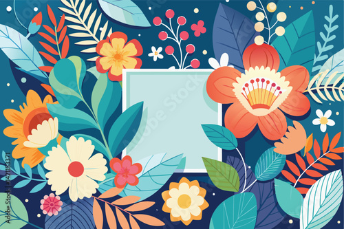 Vibrant floral art featuring a variety of colorful flowers and leaves surrounding a decorative frame. Ideal for invitations, greeting cards, or wall art.