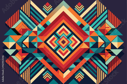 Vibrant geometric abstract art featuring intricate triangle and diamond shapes in bold colors. Perfect for modern design themes and dynamic backgrounds.