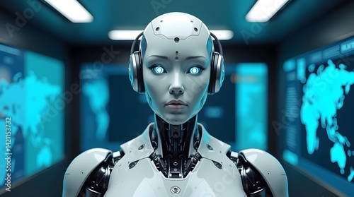 Futuristic AI robot with glowing eyes. Technology concept. Best for sci-fi, innovation, and digital themes.