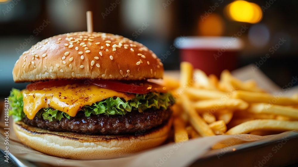 Delicious cheeseburger with sesame bun and crispy french fries eat food meal beef tray tasty lunch Delicious cheeseburger with sesame bun and crispy french fries eat food meal beef tray tasty lunch