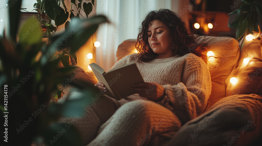 Woman Reading Book in Cozy Chair with String Lights Woman Reading Book in Cozy Chair with String Lights