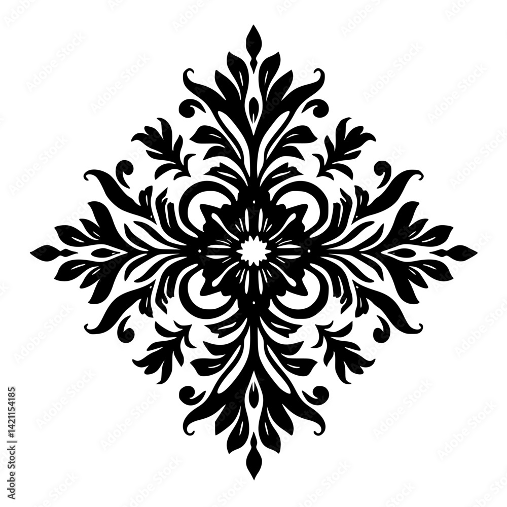 Fototapeta premium Elegant Black Floral Damask Ornament on White, Vector Graphic