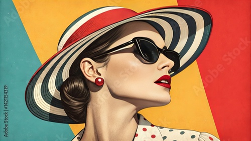 Retro Pop Art style woman wearing classic black sunglasses and wearing vintage women hat. Suitable for marketing or business purposes