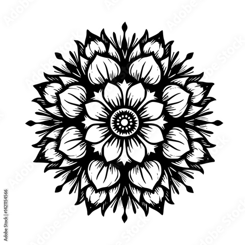 Ornate Floral Mandala Vector Illustration, Black & White, Zen Aesthetic