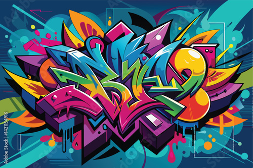 Dynamic graffiti artwork showcasing bold colors and creativity on an urban street wall. Vivid abstract design with expressive shapes and street culture influence.