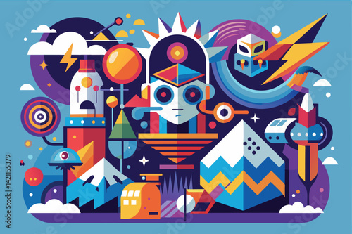Vivid abstract illustration featuring futuristic and geometric shapes in a vibrant color palette. Perfect for creative and modern design projects, embodying innovation and imagination