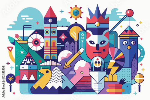 Vibrant illustration featuring a combination of geometric shapes, tribal mask, and colorful patterns. Perfect for artistic and cultural themes.