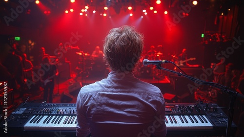 A man playing a keyboard in front of a microphone on a stage