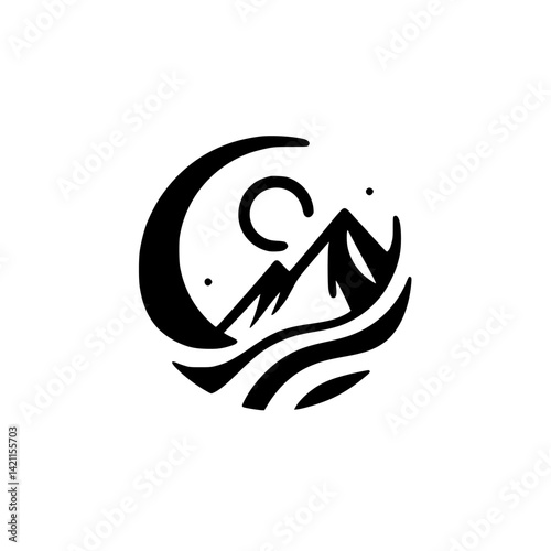 Minimalist Mountain Logo: Circle, Sun, Sea, Black and White