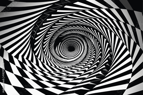 Hypnotic black and white spiral pattern creating a sense of depth and movement. Ideal for abstract backgrounds, design elements, and optical illusions.