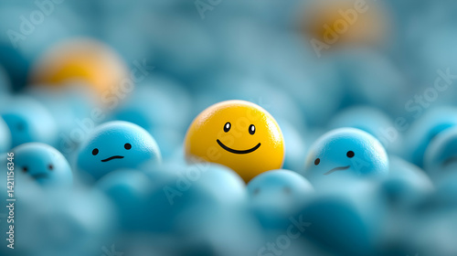 Yellow Smiley Face Among Blue Sad Emojis 3D Rendering
