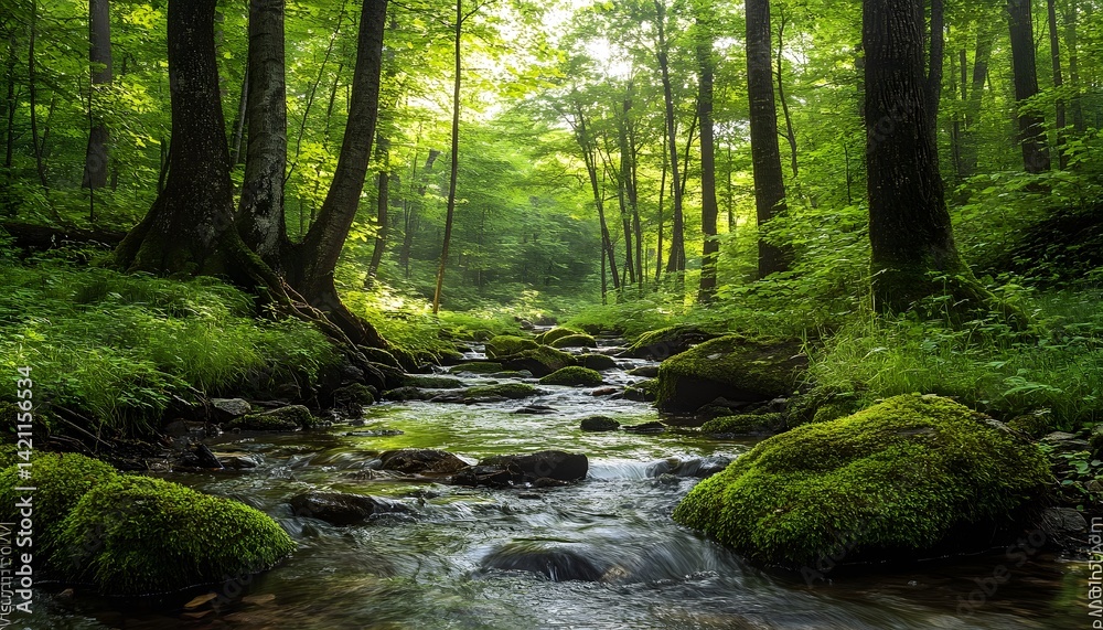 Obraz premium Sunlit forest stream with moss-covered tree roots and flowing water in lush green woods