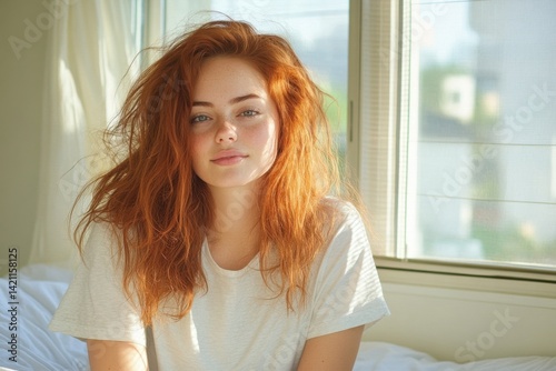 Red-haired young woman relaxed in bed during morning light in cozy bedroom setting Free Download Red-haired young woman relaxed in bed during morning light in cozy bedroom setting - GFXLoad