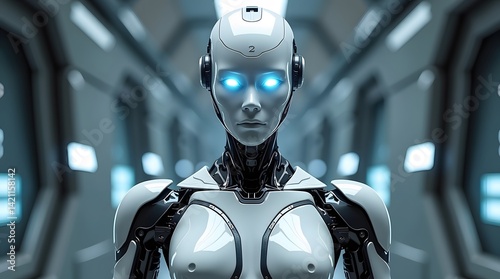 Futuristic female cyborg portrait with glowing blue eyes in a modern, blurred background. Ideal for AI, technology, and science concepts.