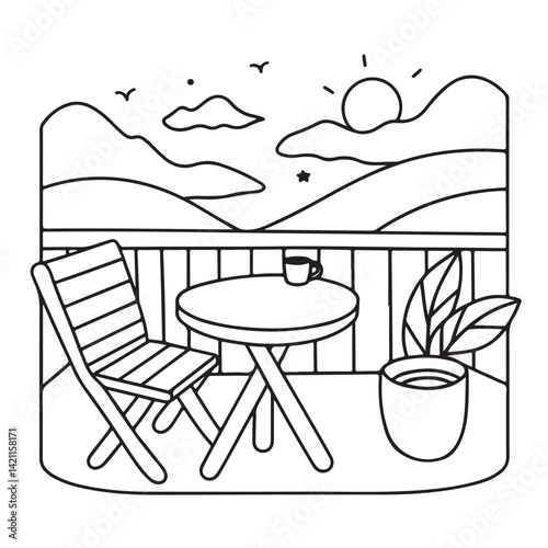 Cozy space coloring pages, bold and easy coloring pages, space coloring page, line art, victor illustration, black & white design, bold & easy coloring book, background