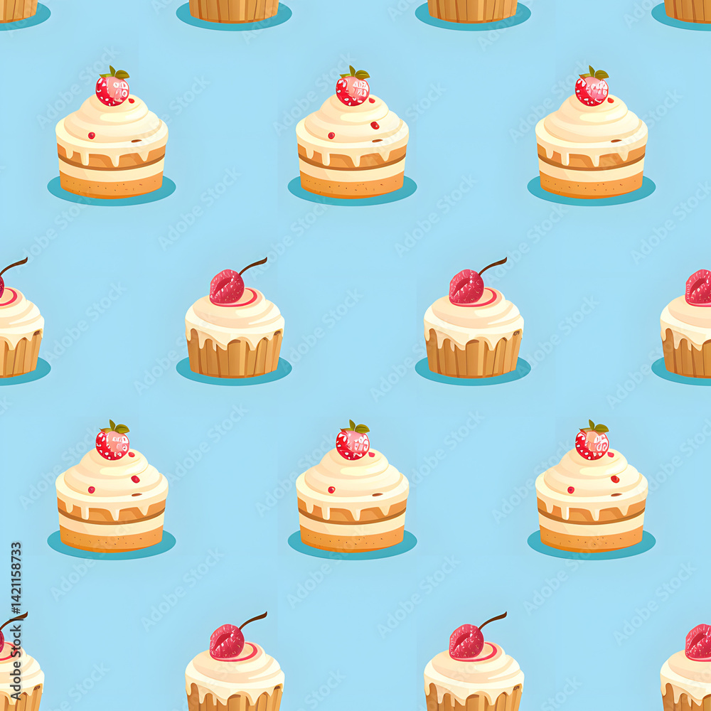 Pattern of Cakes with berries on top, blue background, cheerful and vibrant design Pattern of Cakes with berries on top, blue background, cheerful and vibrant design