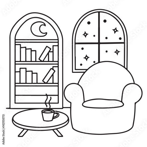 Cozy space coloring pages, bold and easy coloring pages, space coloring page, line art, victor illustration, black & white design, bold & easy coloring book, background