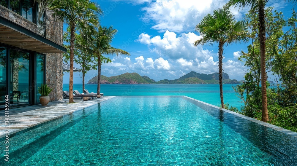 Fototapeta premium A large swimming pool with a view of the ocean and palm trees